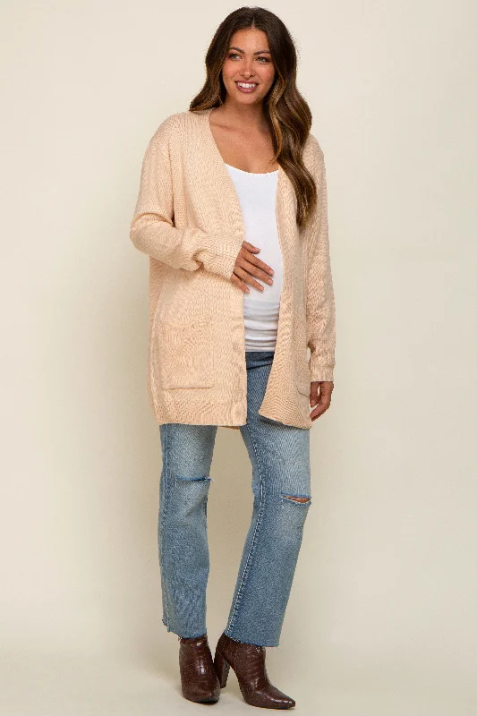 Beige Front Pocket Maternity Cardigan